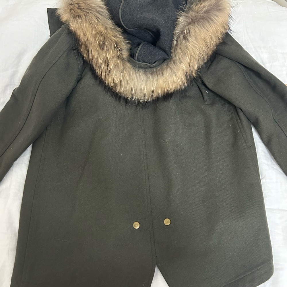 Veronica Beard Olive Coat with Fur Trim